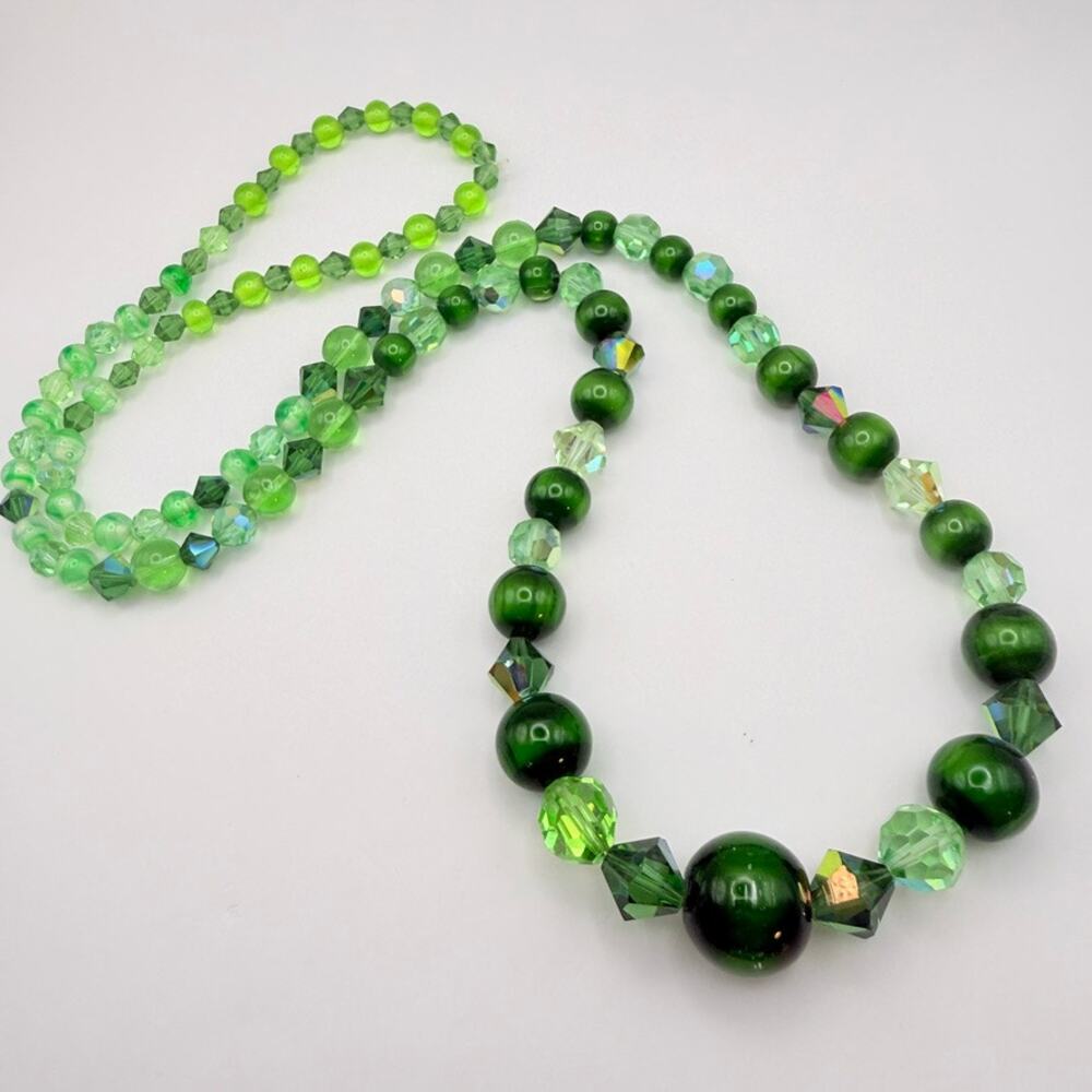 Vintage Green Graduated Bead Necklace Glass Crystal AB Chunky Statement 28"